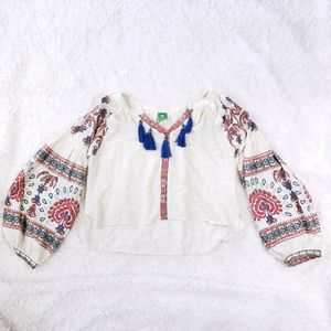 Anthro Farm Cream Tassel Printed Gauzey Blouse